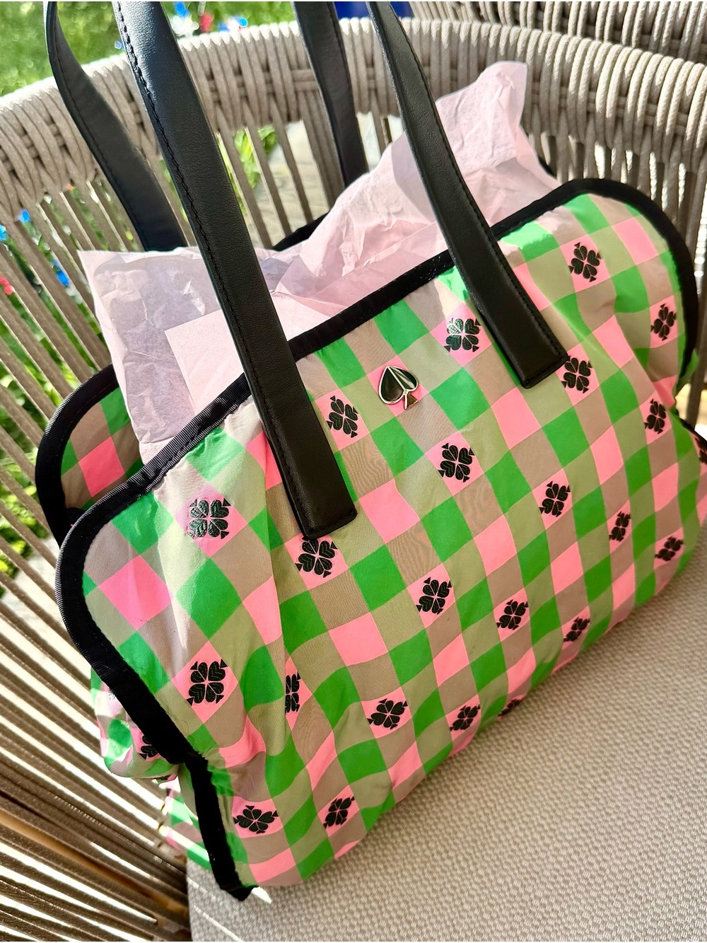 Kate Spade New York Morley Large Pink & Green Checkered Gingham Nylon Tote Bag
